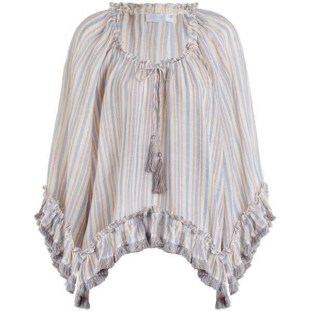 NEW Zimmermann Meridian Top Womens Sz 0 Beige Blue Flare Frill Linen Stripe $530